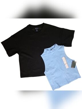 Black Short Sleeve Crew Tee + Light Blue Mock Neck Tank